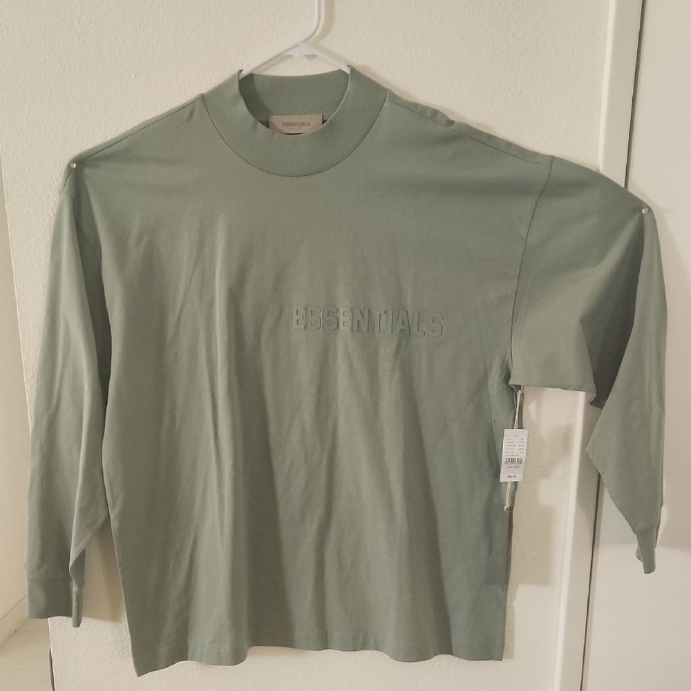 Essentials Men’s Sage Green Embossed Logo Long-Sleeve Tee - Picture 2 of 4
